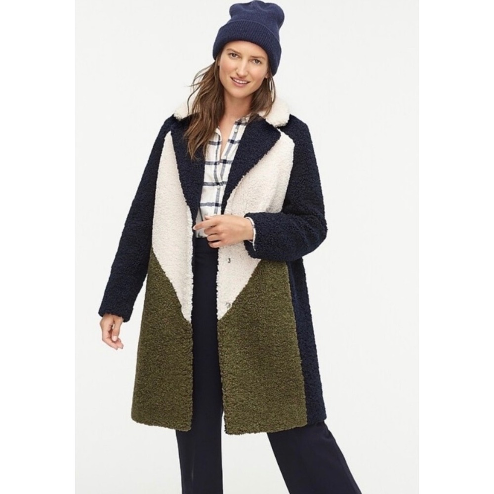J.Crew Womens Colorblock Teddy Sherpa Fleece Coat Navy Ivory Olive Green Large